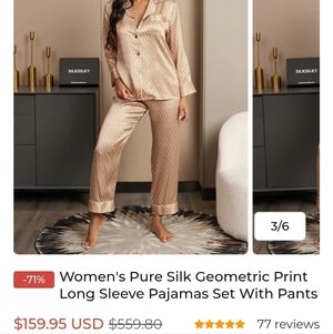 100% SILK Women's Gold Geometric Print Pajama Set Siza Small